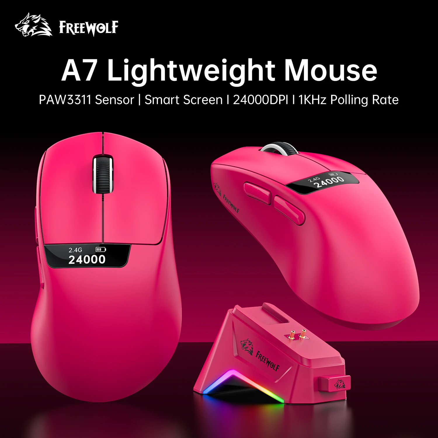

1000Hz Gaming Mouse Wireless with Screen,FREEWOLF A7 PAW3311 24000DPI RGB Magnetic Charging Dock Gaming Mouse for PC and Laptops