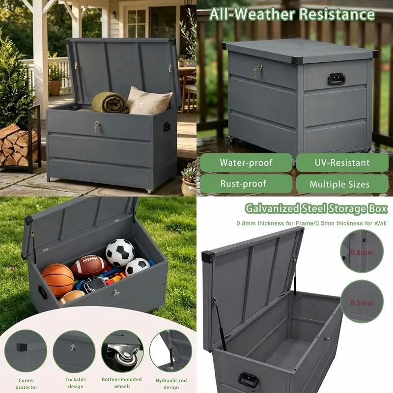 132x62x64cm Heavy Duty Lockable Galvanized Steel Toolbox Outdoor Garden Storage Box with Wheels