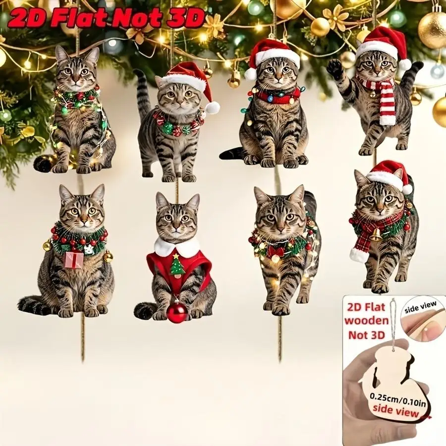 1/5/10/20/50/100pcs 2D Flat Set, 8-Piece Christmas Series, 8-Piece Set Featuring a Cute Tabby Cat Character Design with a Christ