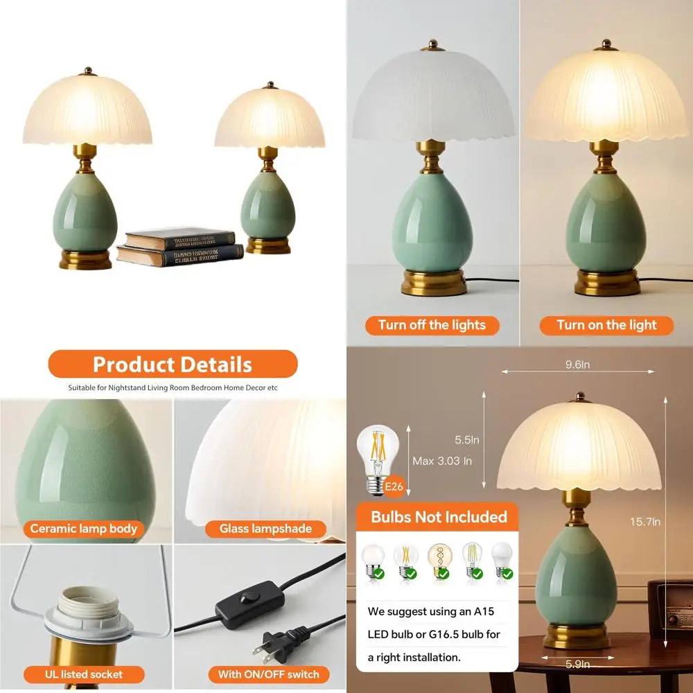 

Pair of Modern Green Vintage-Style Ceramic Table Lamps, Mid-Century Mushroom Desk Lamps for Bedroom, Living Room Home Decor