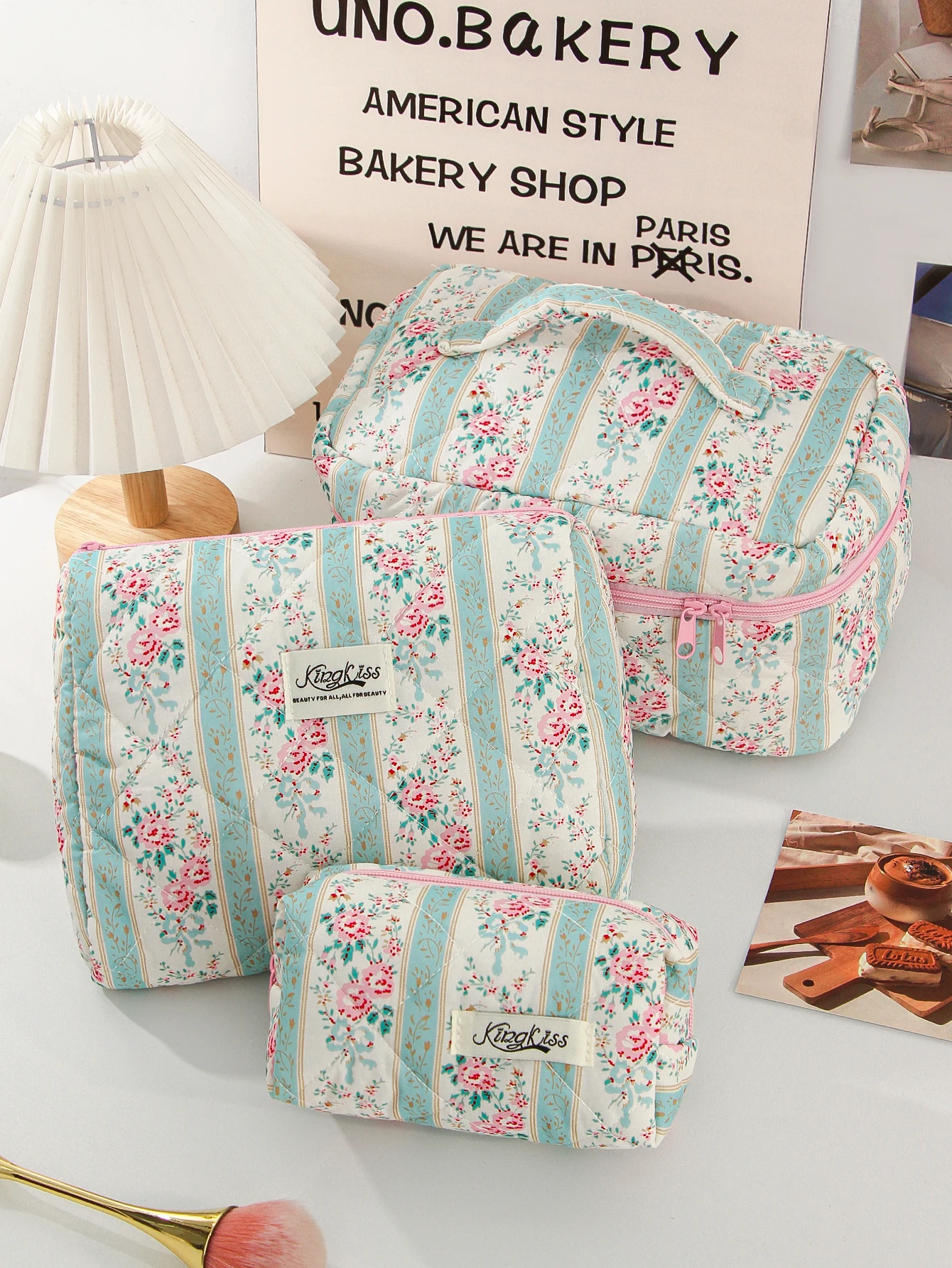 1pc/set green quilted makeup bag, ethnic floral makeup bag, multifunctional portable makeup bag, travel makeup bag
