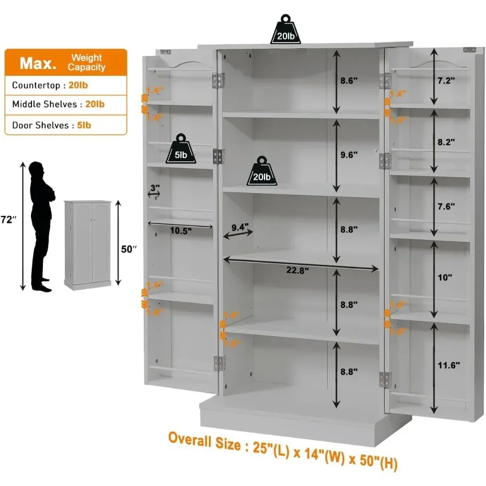 LED Kitchen Pantry Storage CabinetsFood Cabinets Buffet Cupboards with  Doors and Shelves Adjustable for Small Space