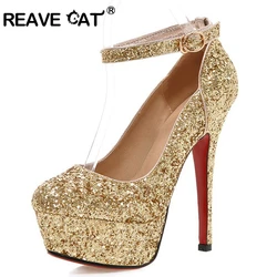 REAVE CAT 13.5cm Stiletto Ultra high heels Glitter Pumps Platform Ankle strap Buckle Gold Bridal Shoes party US12