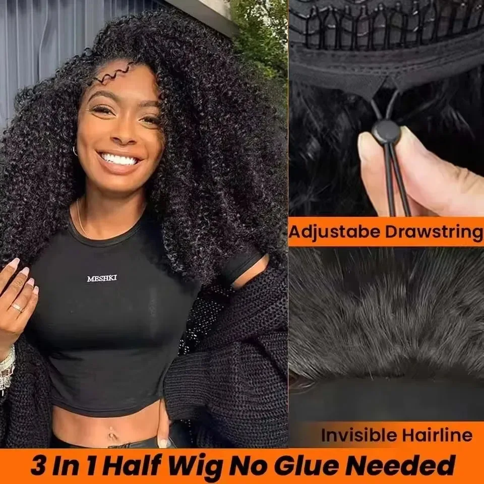 Kinky Curly Half Wig Human Hair 220% Density 30 Inch Glueless Half Wigs For Black Women 3 In 1 Breathable Cap Drawstring Seamless Flip Over Human Hair Half Wigs