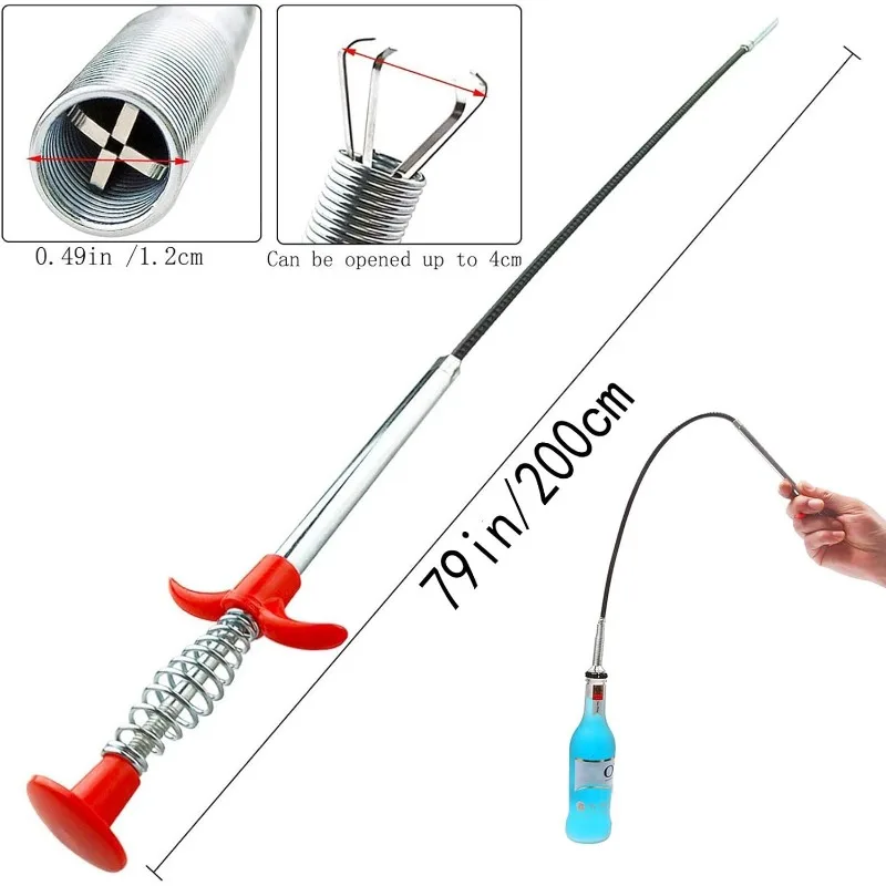 2m Retractable Flexible Drain Clog Remover with Four Claw Hook Dredger for Toilet Sewer Shower Kitchen Bathroom