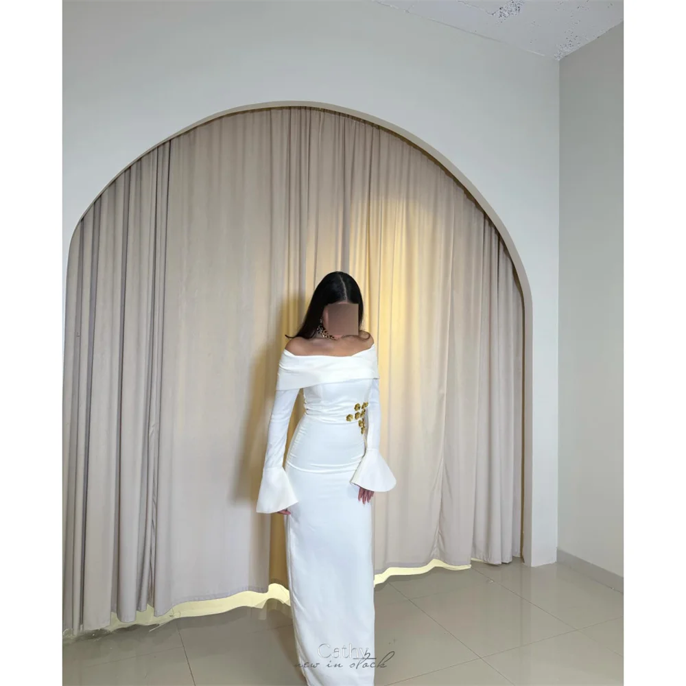 

Cathy Customized White Off Shoulder Column Prom Dresses Appliques Long Sleeve vestidos de noiva Floor-Length Evening Dress 2025
