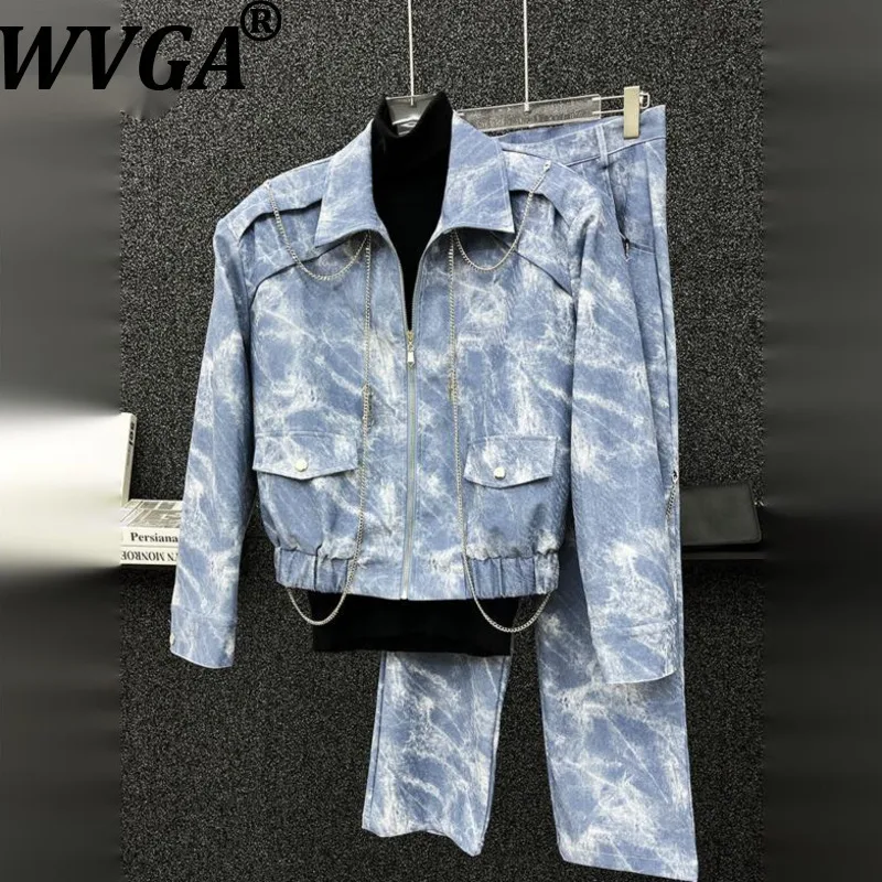 

WVGA Spring Autumn New Man Retro Metal Chain Trendy Coat Niche Chic Casual Washed Straight Denim Pants Two-Piece Sets Ins W13622
