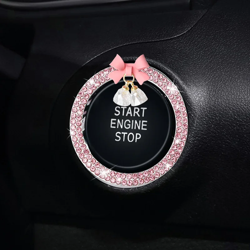 Rhinestone Bow Bell Car Start Switch Button Auto Decorative Diamond Stickers Ring Circle Trims Protective Cover Car Accessories