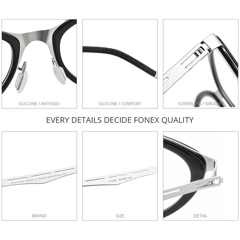 FONEX Acetate Alloy Glasses Frame Women Fashion Brand Design Cat Eye Eyeglasses Cateye Screwless Germany Japanese Eyewear 1008