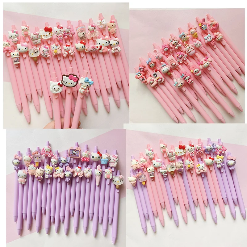 24/36 Pcs Sanrio Hello Kitty Cat Cartoon Macaron Pink Purple Moe Mei Carbon Black Gel Pen Pen Pen Student Stationery Present