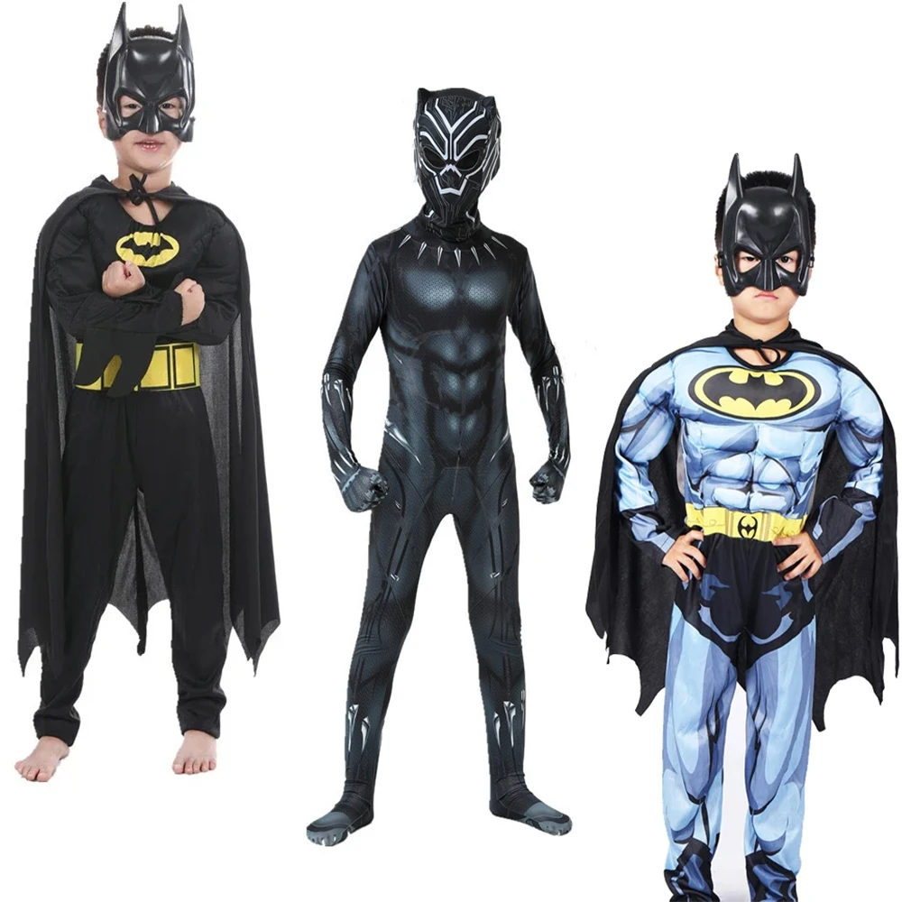 Movie Child Batman Cosplay Costume Hero Collection Black Panther Bodysuit Boys Mask Cape Halloween Anime Cosplay Party Jumpsuit