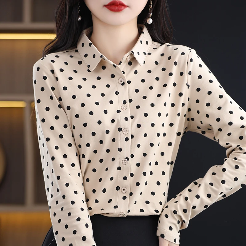 Spring And Autumn New Pure Cotton Women's Long Sleeved POLO Neckline Loose Fashion Wave Dot Elegant And Versatile Top Shirt