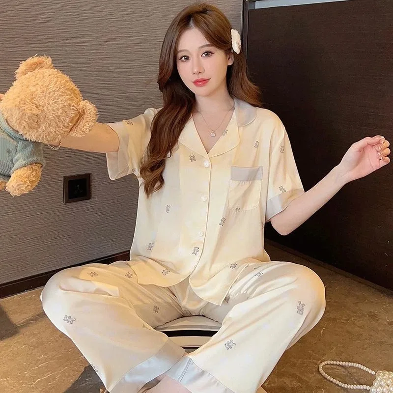 

Sweet Cute Bear Print Women's Summer Pajamas Set Short Sleeve Top & Elastic Waist Pants Sleepwear New Casual Kawaii Pajamas Set