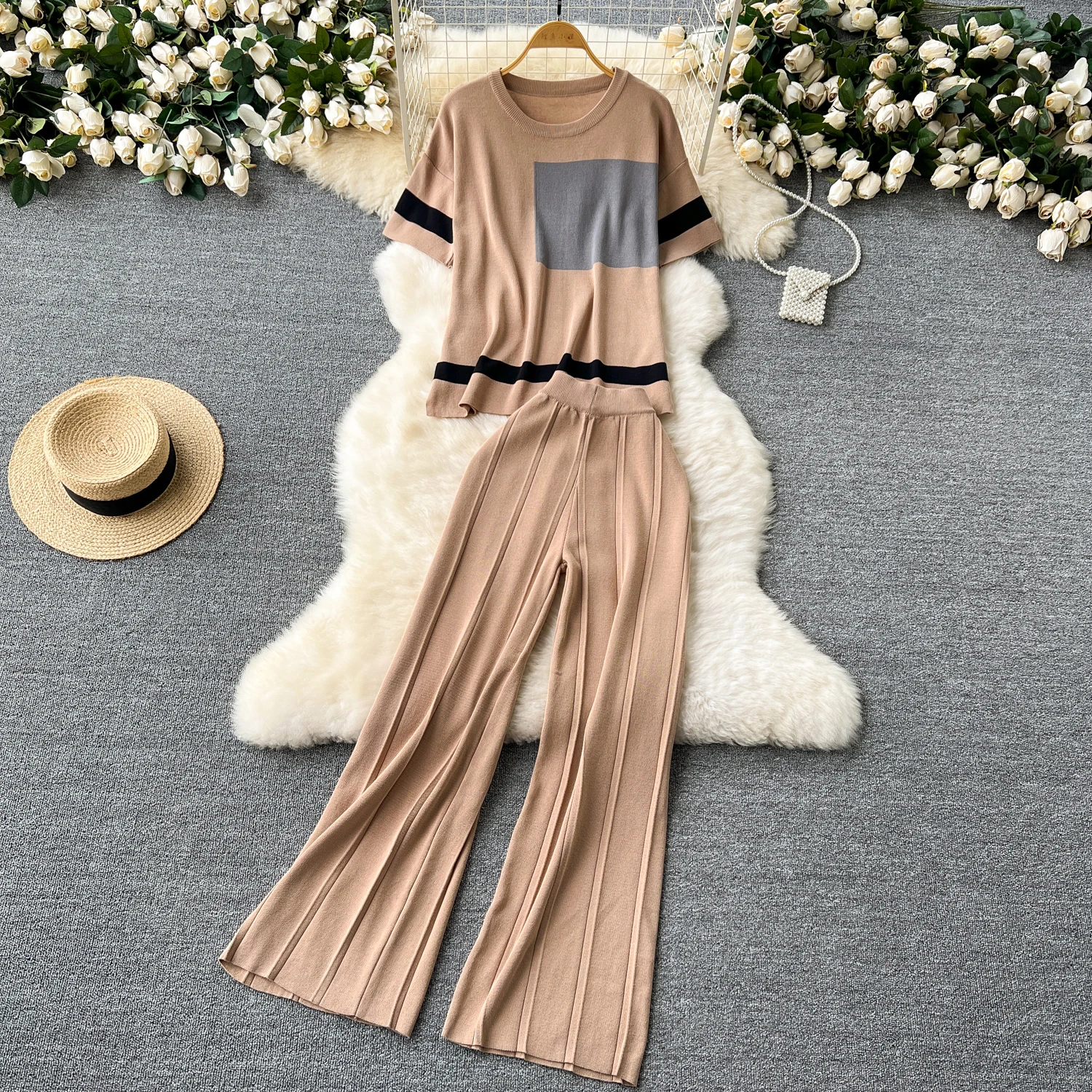 

Women Casual 2-Piece Suits Knit Pant Sets Loose Short-sleeved Round Neck Knitted Tops + Casual Trousers Clothes Sets Outfits