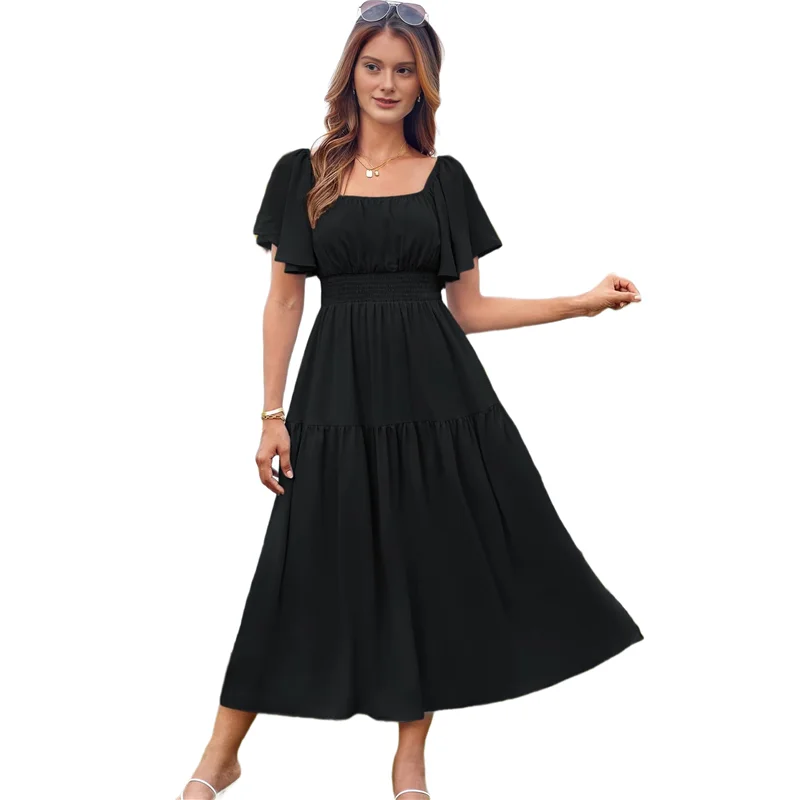 FX-Women's Summer Short Sleeve Square Neck Smocked Waist Casual Vacation Tiered Flowy Maxi Dress