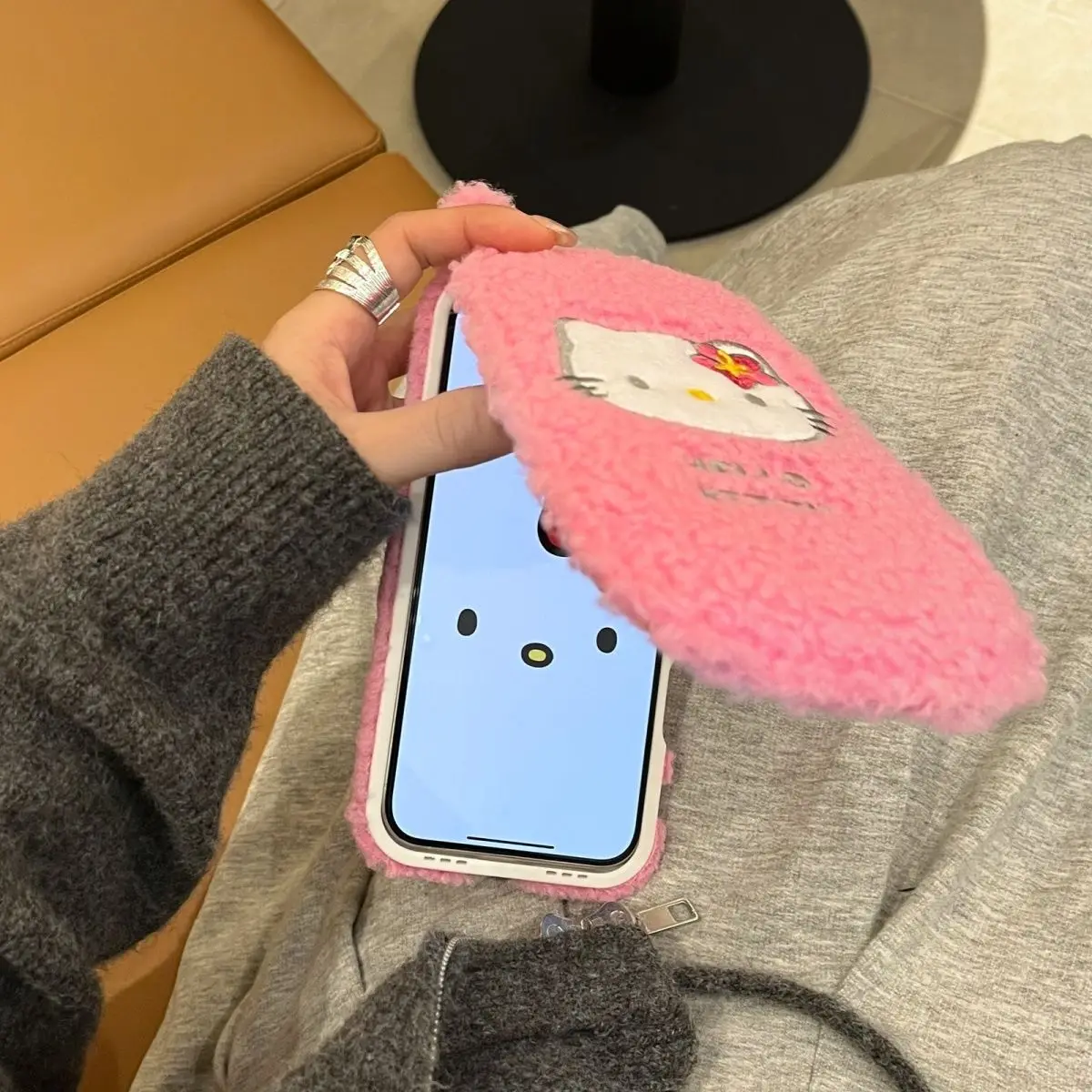 Kawaii Hello Kitty Fold Bracket Pink Plush Phone Case For iPhone 15 14 13 16 12 Pro Max Y2K Amusing Present Plating Flip Cover