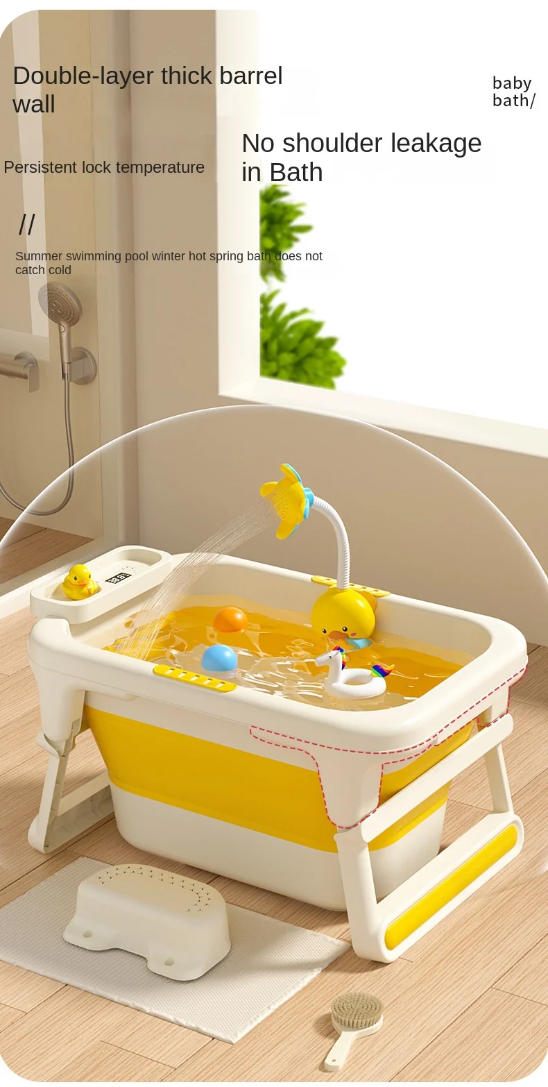 Temperature Display Baby Bathtub with Cushion Support Foldable Bath Bucket Silicone for Shower At Travling or Bathroom Portable