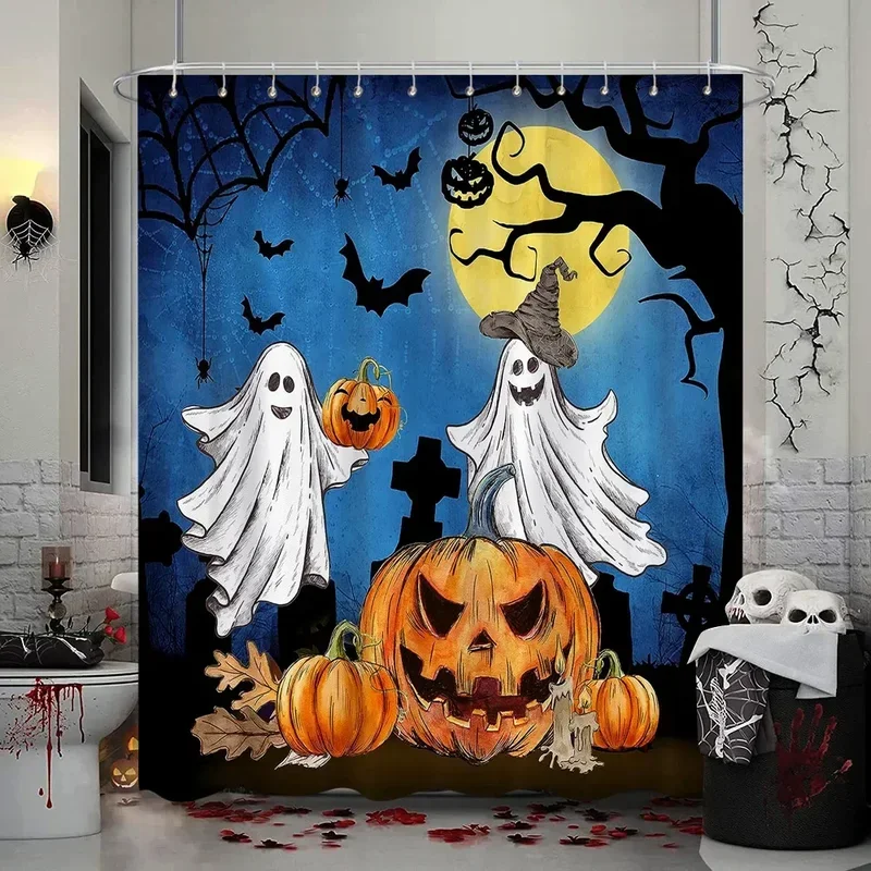 Halloween Shower Curtain Rug Set Ghost Pumpkin Skeleton Halloween Theme Cartoon Shower Curtains Holiday Home Bathroom Decoration