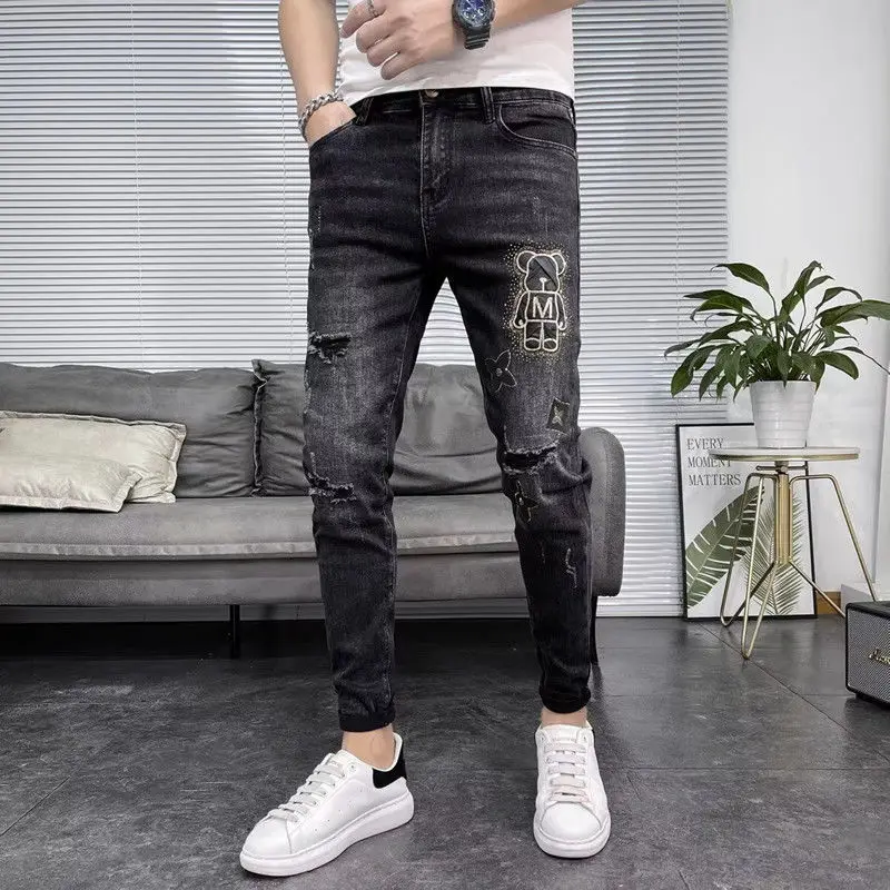 Spring and Autumn Luxury Rhinestone Korean Style Men's Classic Black Jeans with Distressed Holes Elastic Skinny Fit Pants Male