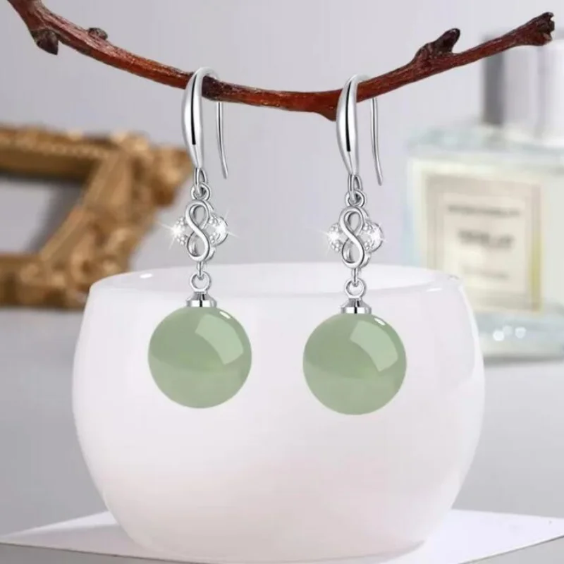 

Luxury Natural Jade Earrings, Round Bead Pendant, S925 Sterling Silver, Elegant Fashion Jewelry Gift for Mom