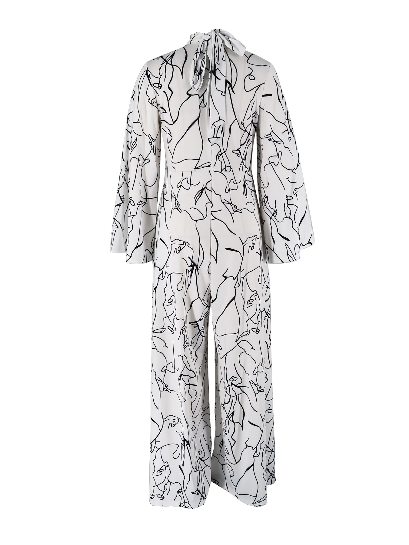 أزياء طباعة بذلة المرأة عالية الرقبة ربطة القوس فيونكة طويلة الأكمام واسعة الساق قطعة واحدة أنيقة فضفاضة تناسب شيك عارضة الزي