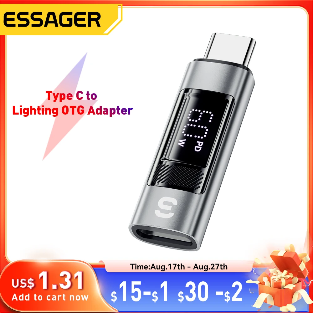 Essager Type C to Lighting OTG Adapter Digital Display Fast Charging Type-C Female To Lightning Male Connector For iPhone 15 14