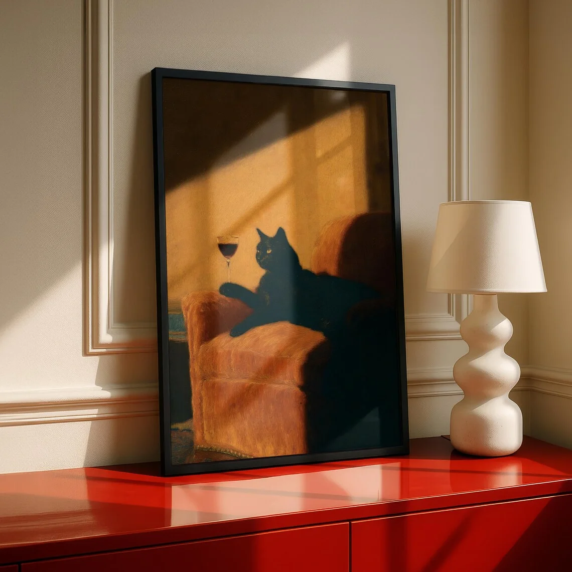 Black Cat with Wine Wall Print Decor - Cozy Oil Painting of a Black Cat Relaxing on an Orange Armchair with a Glass of Red Wine, image 6