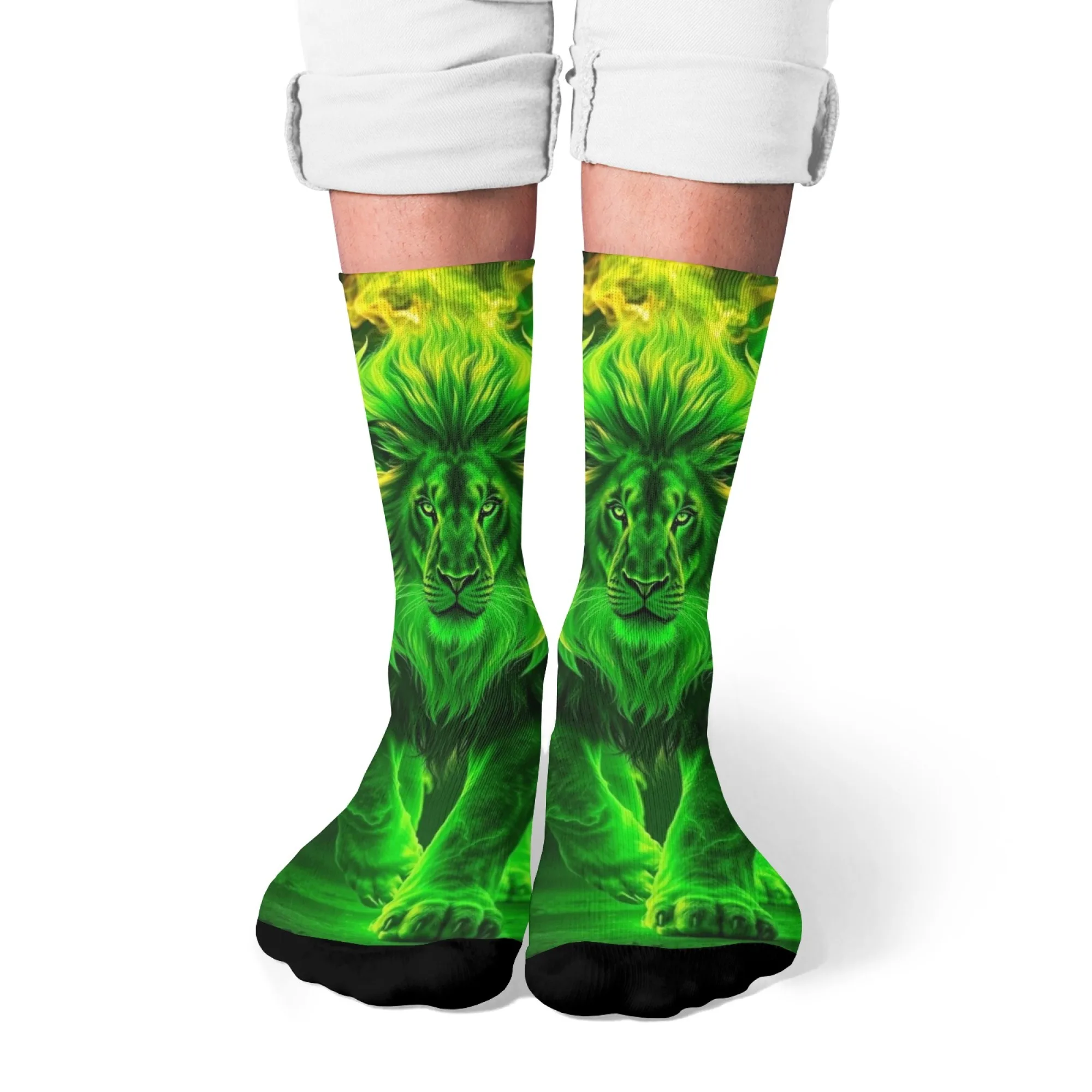 Grüne Flamme Löwe Mode Herrensocken Neuheit Lustige Crew Socken Party Karneval Glückliches Geschenk Harajuku Retro Straße Hip-Hop Socken