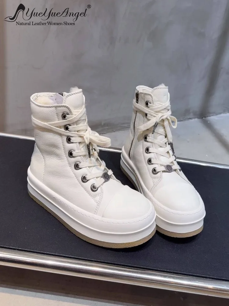 

Casual Lady Fashion Versatile Comfortable Genuine Leather Platform Height Increasing Pumps Cowhide Round Toe Cross Tied Footwe