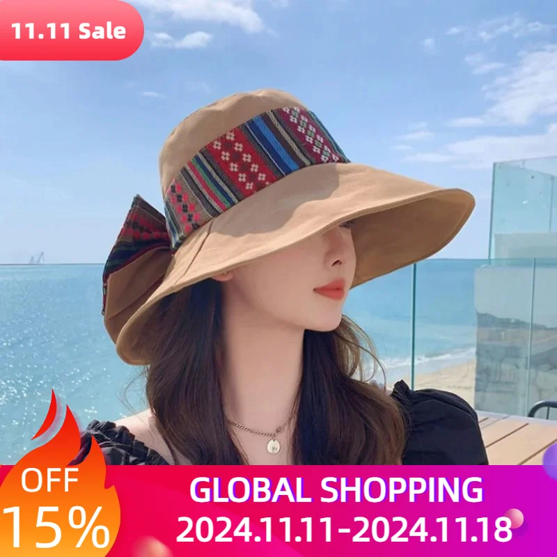 

Ethnic Wind Fisherman's Hat Children's Collapsible Large-brimmed Sun Hat Fashion Travel Vacation Cycling Sunscreen Sun Hat Bow