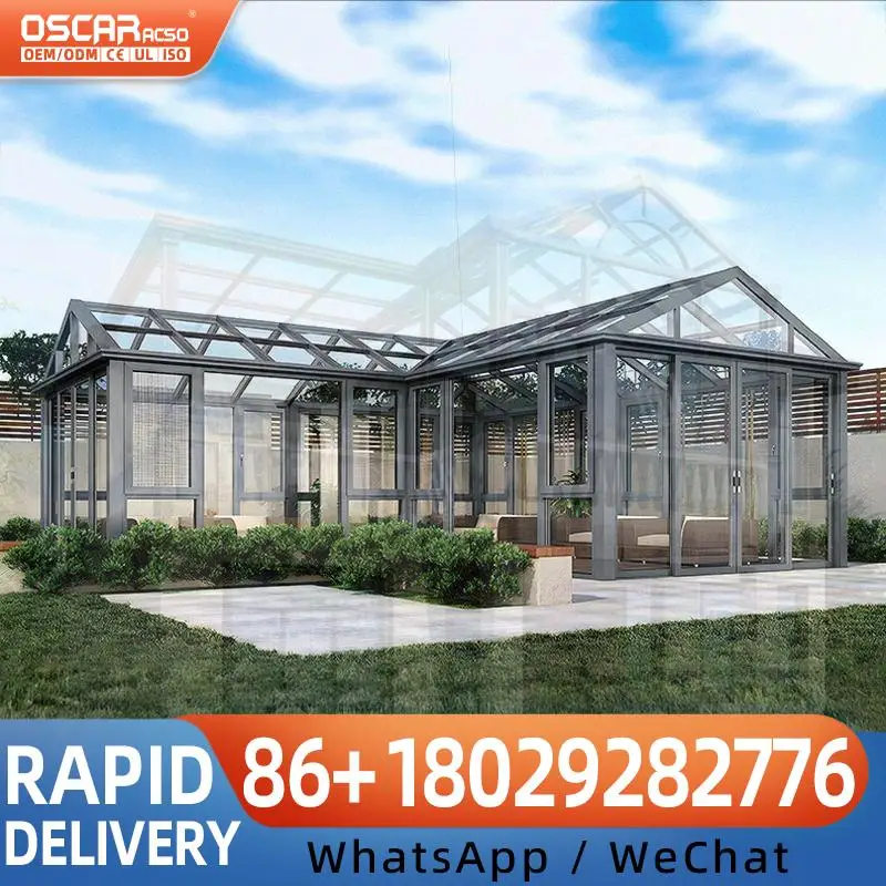 Retractable Folding Sunroom Double Glazed Panels Powder Coated Frame LED Lighting Thermal Insulation Waterproof for Patio Balcon