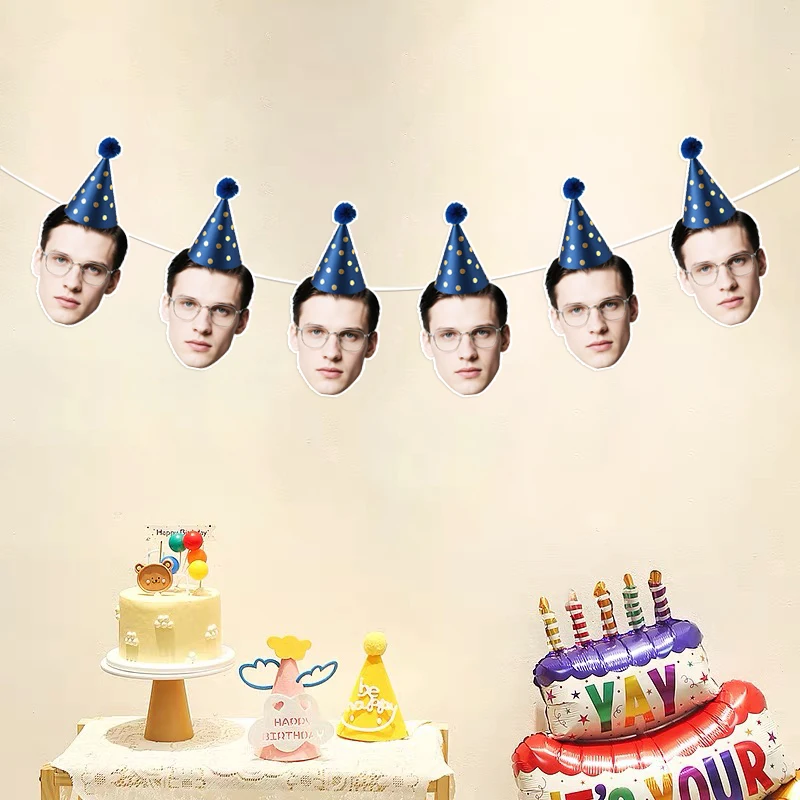 Custom Navy Blue Gold Polka Dot Party Hat Face Banner Personalized Photo Customizable Birthday Kids Party Hanging Decor  ﻿