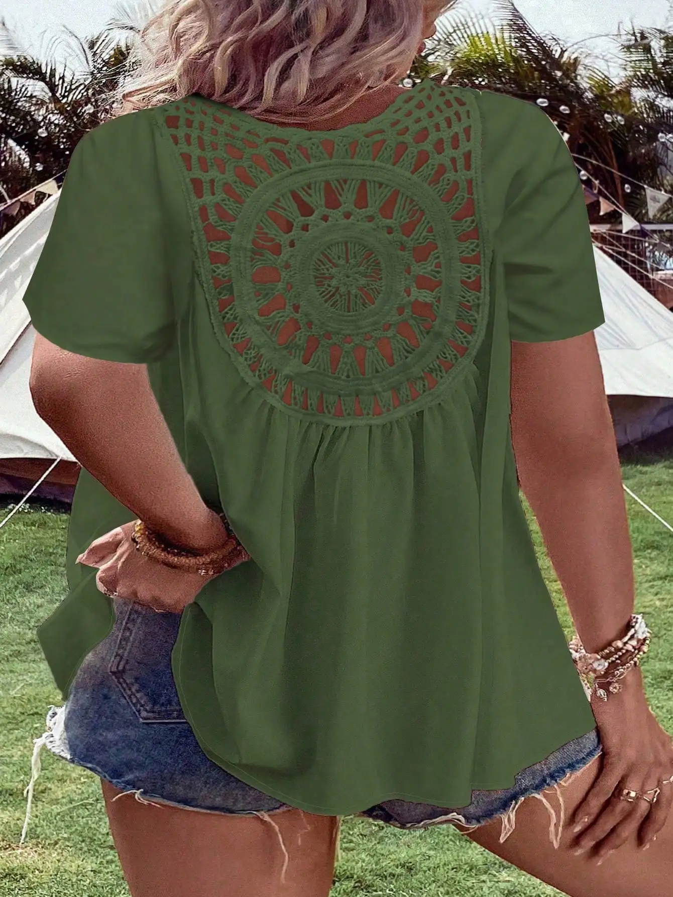 Women's Plus Size Crochet Back Blouse, Casual V-Neck Short Sleeve Boho Top, Hollow Out Flowy Shirt For Ladies view 2