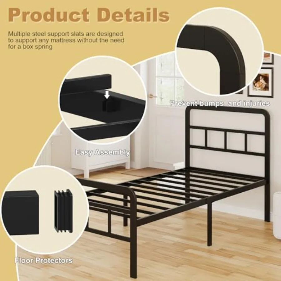 Telai letto matrimoniali da 16 pollici con testiera e pediera, doghe in metallo resistenti, supporto piattaforma doppia, senza bisogno di molle