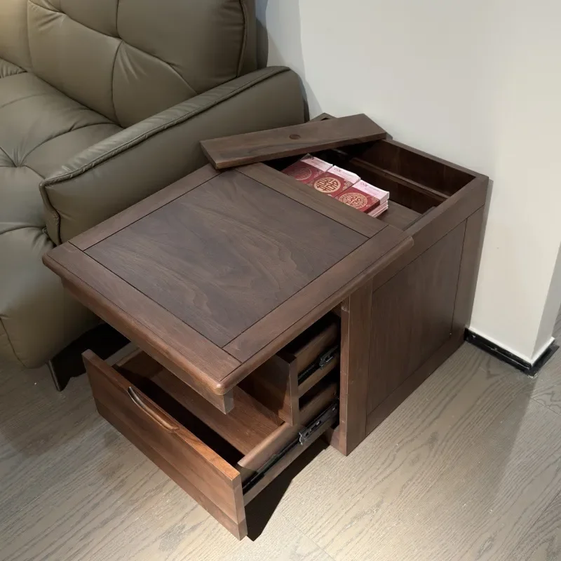 T02 Black Walnut Concealed Bedside Table Solid Wood Nightstand with Hidden Safe Large Capacity Anti Theft Storage for Bedroom