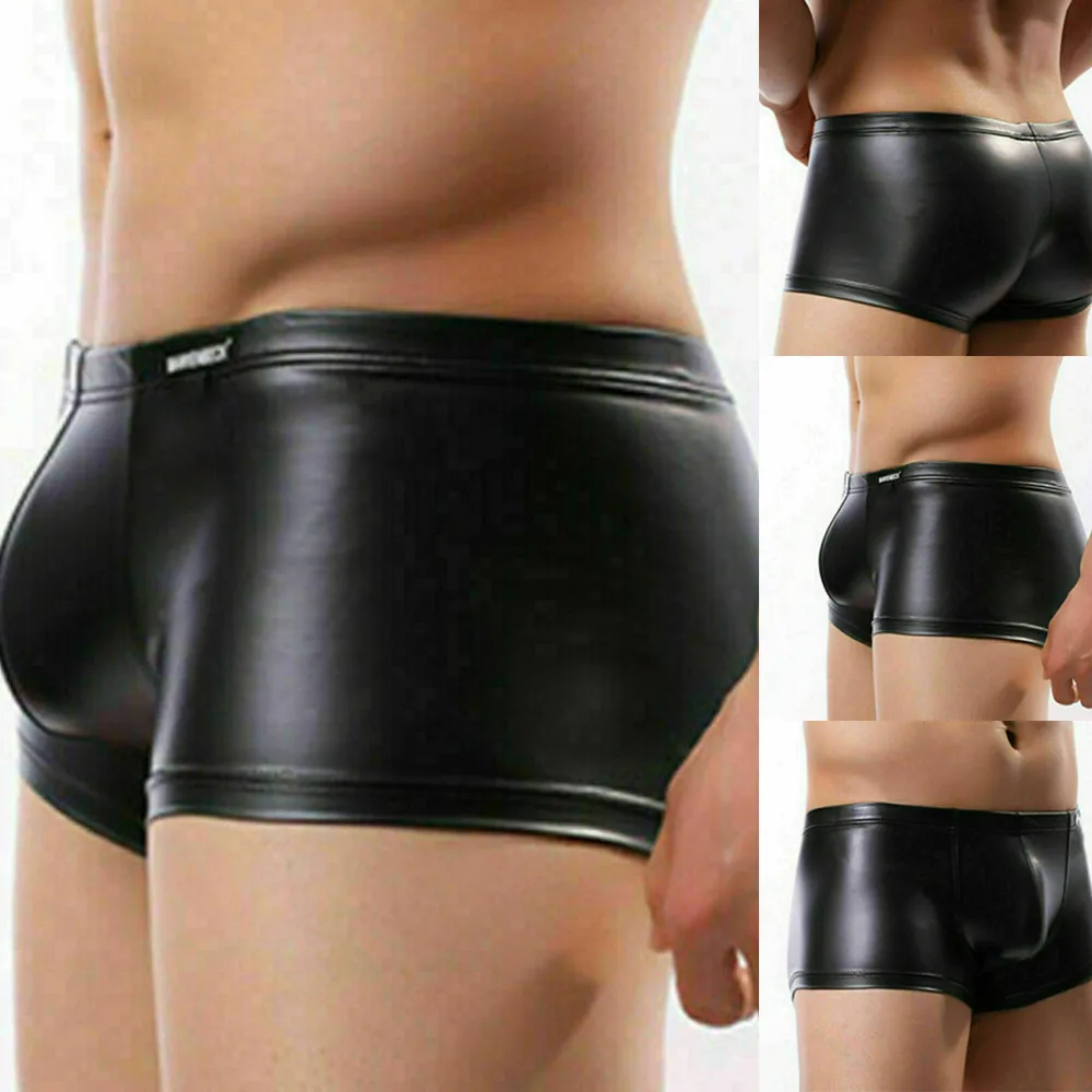 Men Sexy Imitation Leather Underwear Boxer Briefs Trunks Solid Color Bandage Fashion Metal Smooth Breathable Men\'s Boxer Shorts