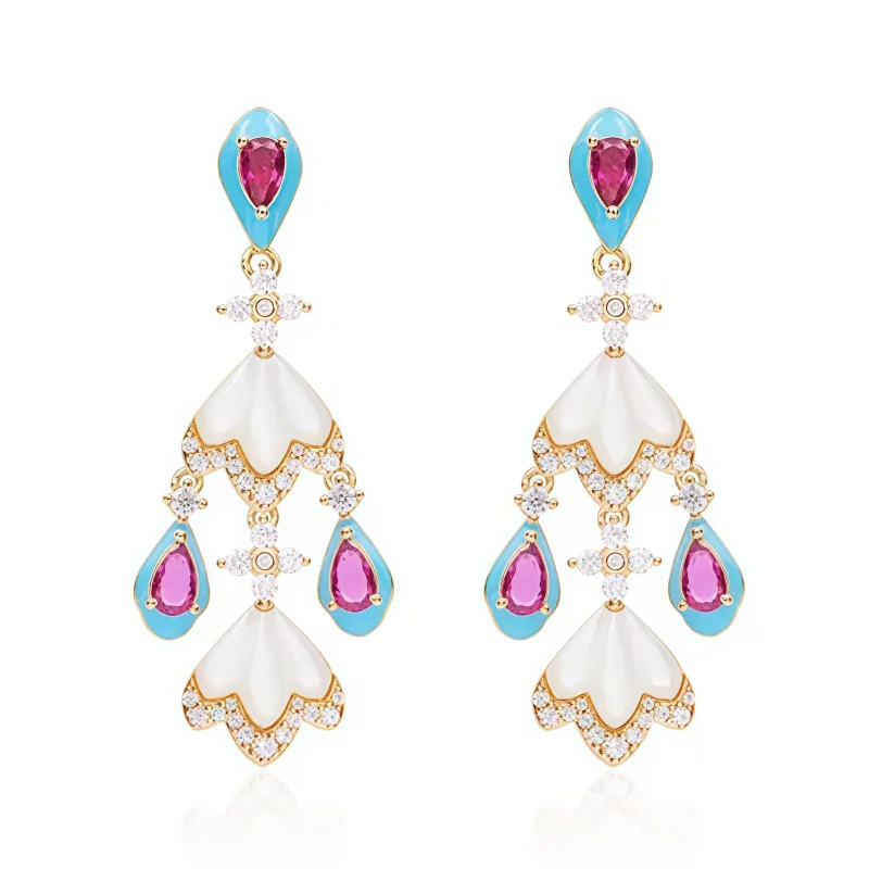 Bellux 925 Silver Rose Gold Plated Synthetic Zircon Cross White Shell Skirt Shape Water Drop Shaped Ruby Vintage Earrings
