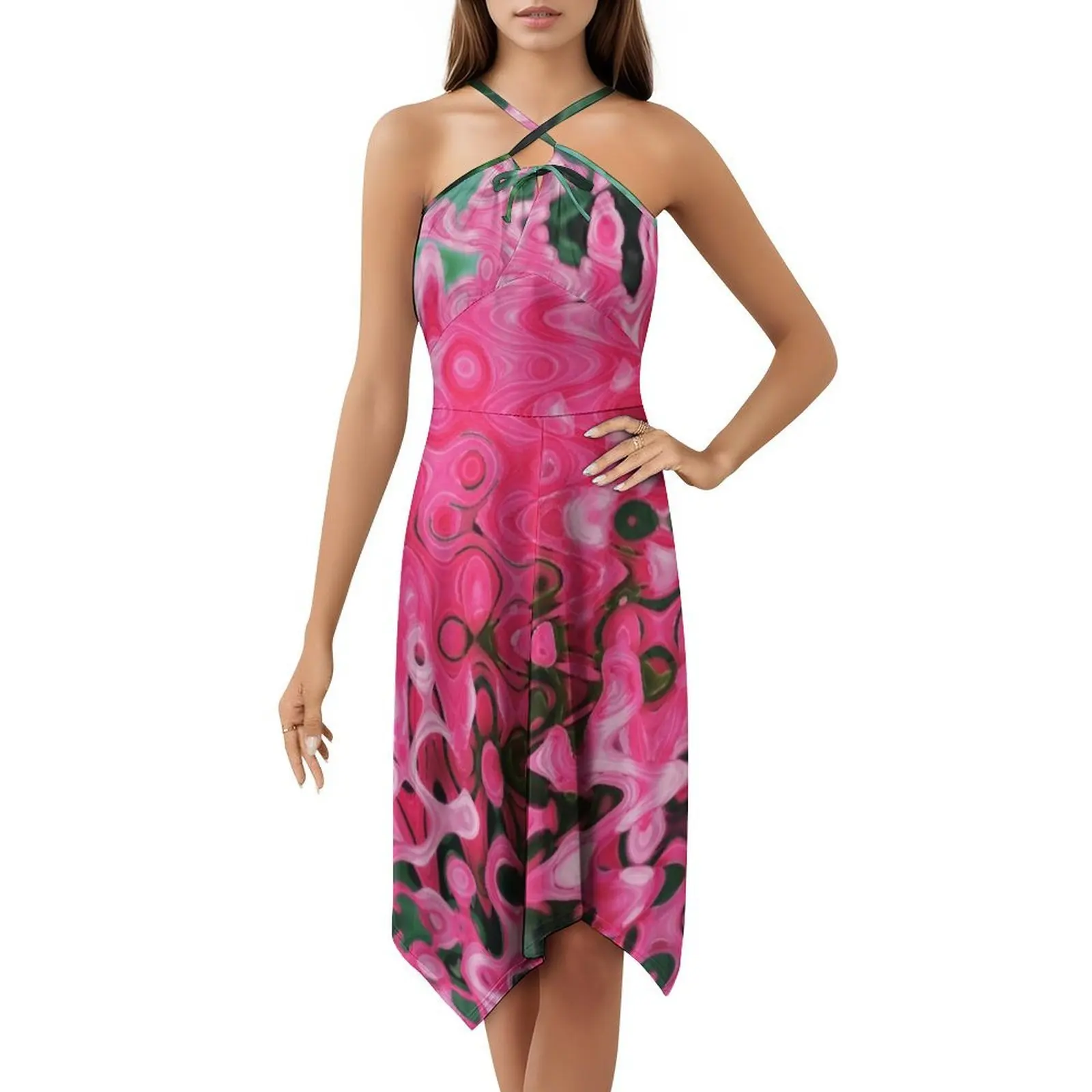 الوردي تموجات بوهو شيك فستان أنيق موضة شاطئ حفل زفاف ثوب مجردة الوردي الأخضر زهرة تموجات الملابس النسائية #5