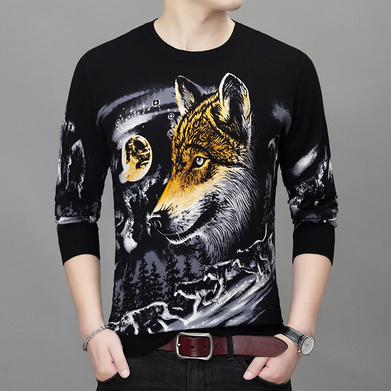 Wolf Head 3D Print Classic Pullovers Sweaters For Men Oversized Spring Quality Silky Fashion Casual Knitted Sueteres Para Hombre