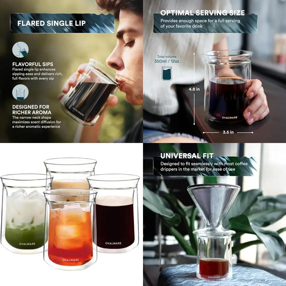 

Набор из 4 изолированных стеклянных кружек с двойными стенками и одной линией — боросиликат 12 унций (350 мл) для горячих и холодных напитков