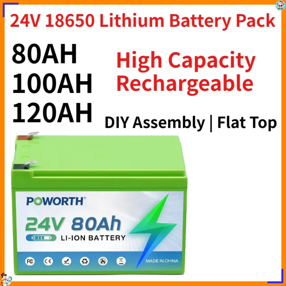 24V 18650 Lithium Battery Pack High Capacity Rechargeable Li-ion Cells for Solar Energy Storage DIY Assembly Flat Top 10AH