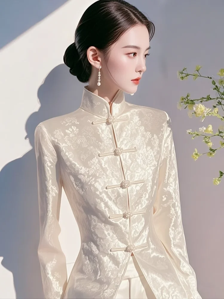 

New Chinese Style National Jacquard Satin Shirt Women's Early Spring New Model Temperament Fashion Waist Tucking Button Shirt