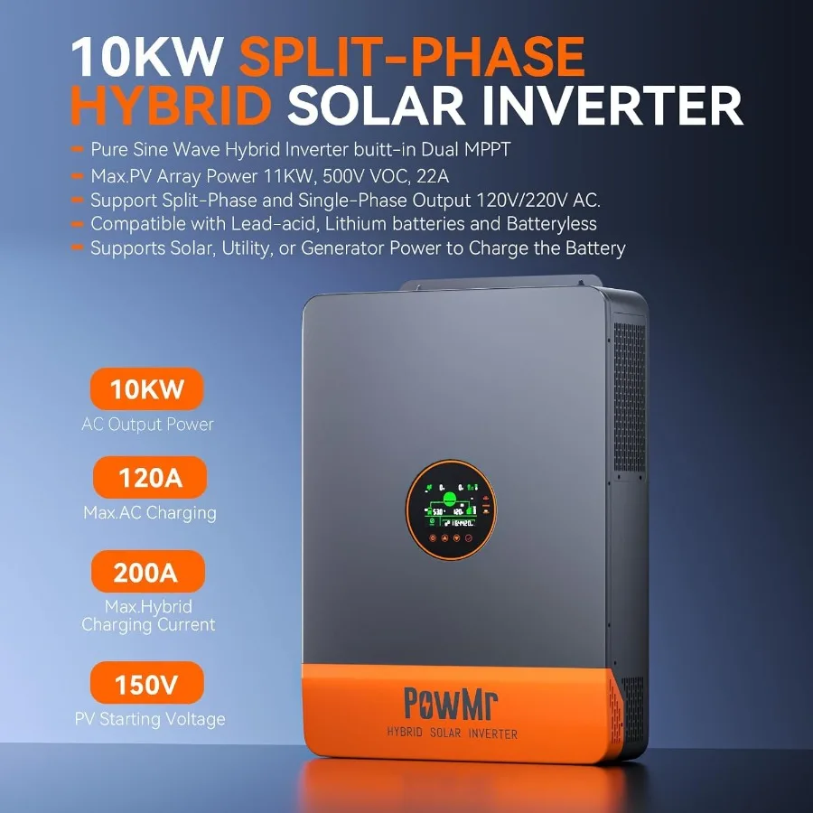 10000W Split-Phase Solar Inverter 48V to 120/240V Inverter 48V Built-in 200A MPPT Controller and 120A AC Charger Solar Inverters