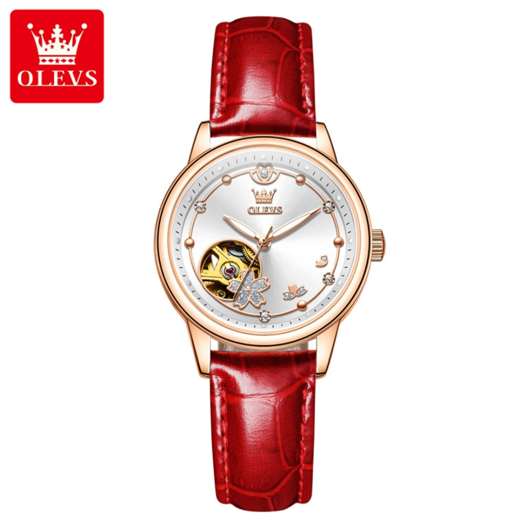 

OLEVS 6732, модные механические часы, подарок, круглый циферблат, ремешок для часов из натуральной кожи, наручные часы, светящиеся
