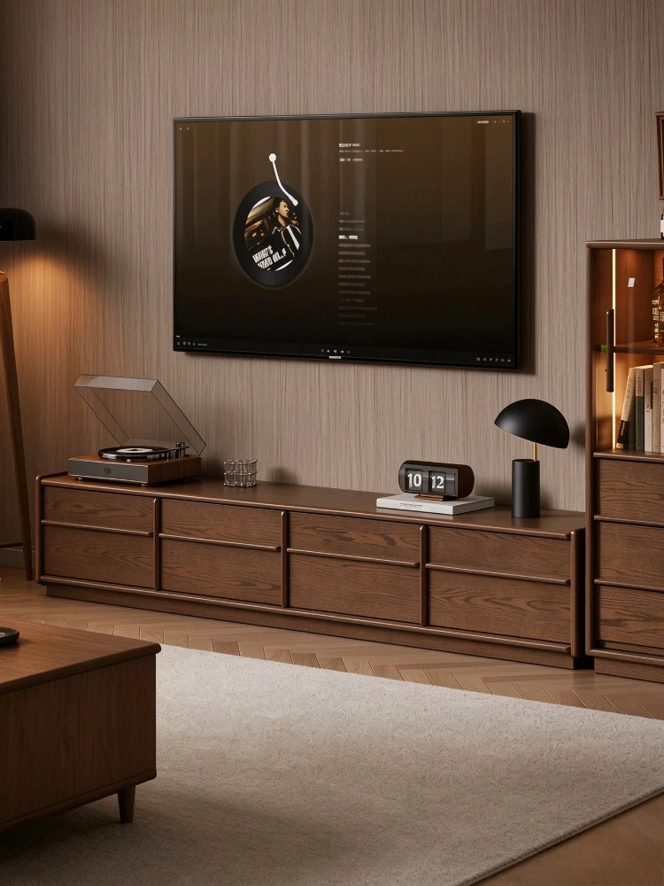 Living Room Furniture Solid Wood Skeleton Cable TV Cabinet Living Room Walnut Color Floor-to-ceiling Small Apartment TV Cabinet