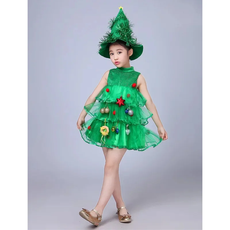 Donne Ragazze Bambini Bambini Verde Albero di Natale Costume Outfit Puntelli Cosplay Cappello Elfo Abiti fantasia