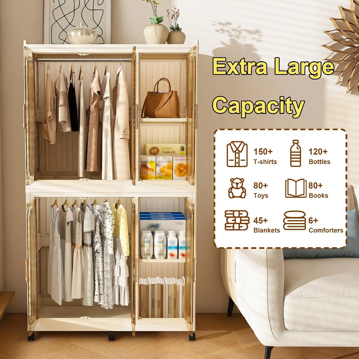 Portable Wardrobe Closet Storage Organizer for Clothes, Large Collapsible Plastic Wardrobe with Wheels, Foldable Clothes Storage view 5