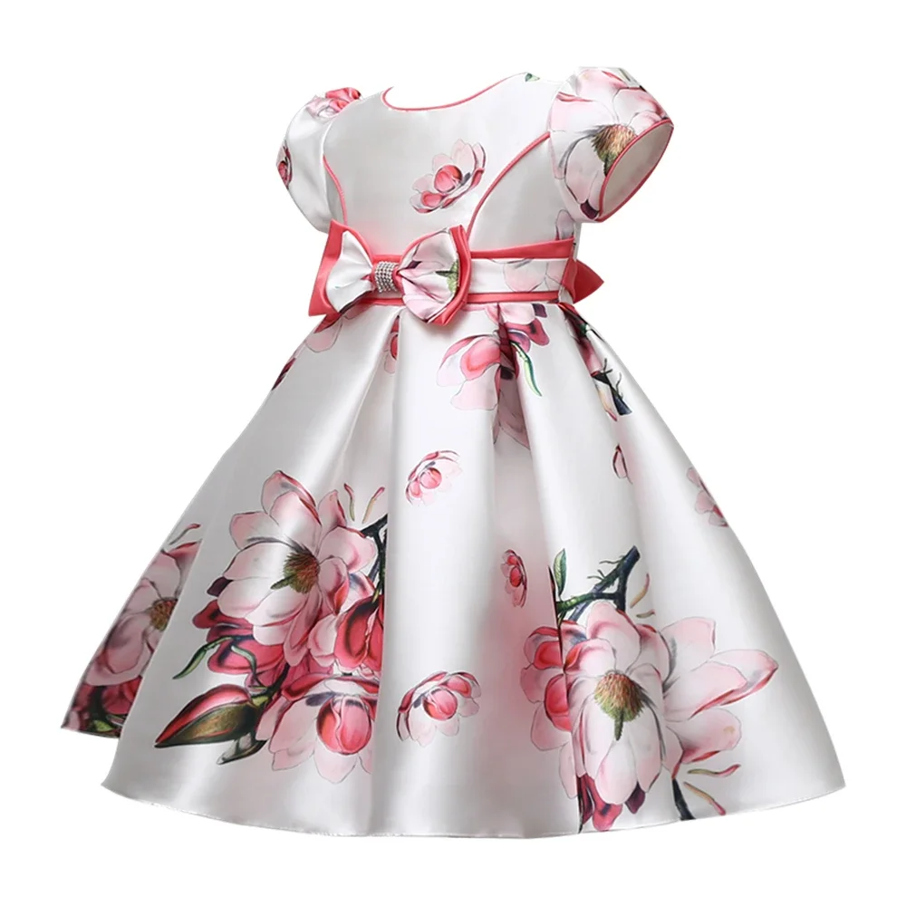 Vestidos de cetim estampa floral infantil, roupas fofas para meninas, arco de flores, roupas de festa, casual, princesa, fofo, 3-10t