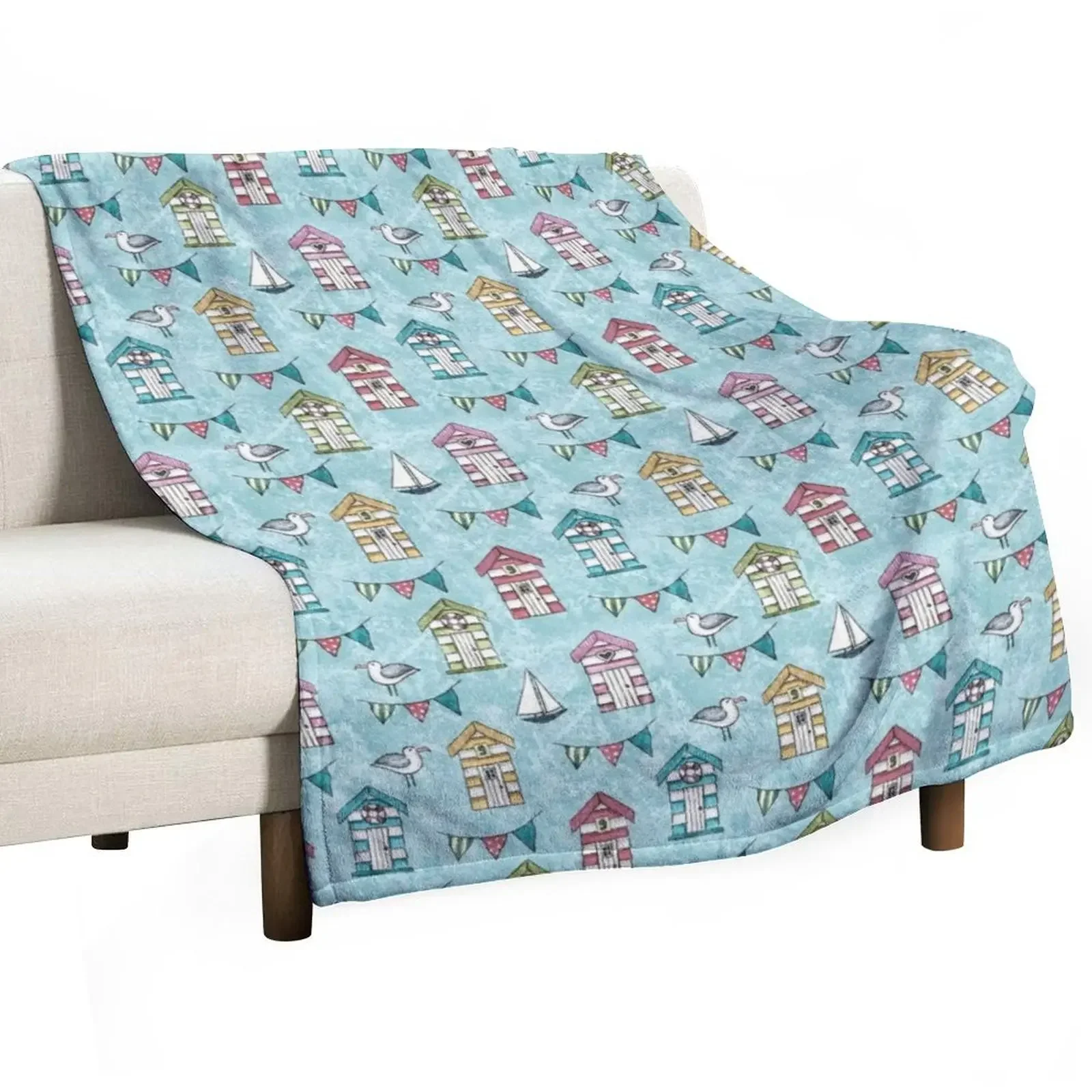 Seaside Beach Huts, Bunting, Boats and Gulls Throw Blanket Sofas Plaid on the sofa Luxury St Tourist Camping Blankets