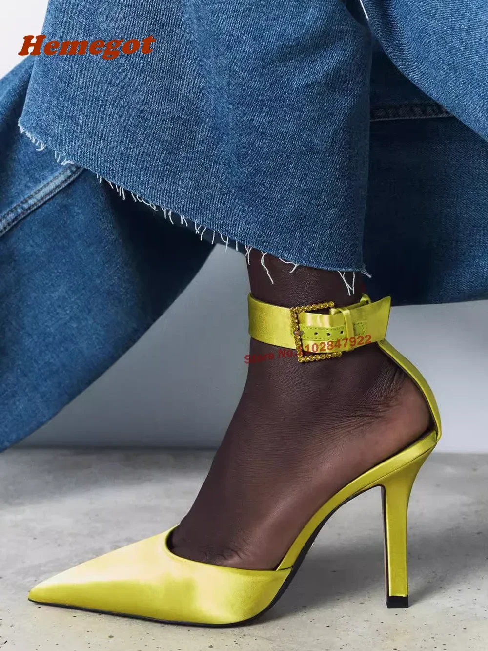 

Yellow Satin Elegant Sandals Pointed Toe Ankle Strap Buckle Stiletto Heels Women's Pumps Summer High Heels Luxury Party Shoes